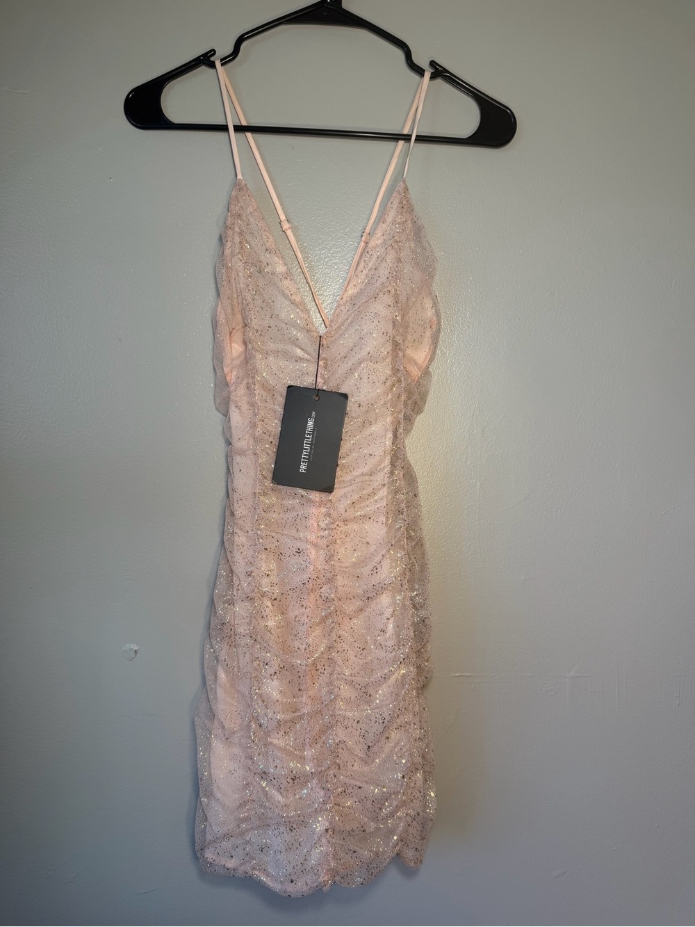 PrettyLittleThing Blush Pink Sequin Ruched Mini Dress size 6 b1